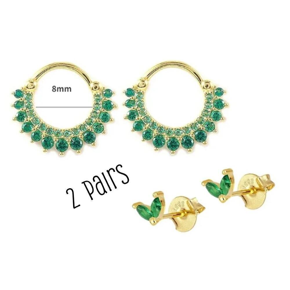 925 Sterling Silver Gold Emerald Zircon Hoop Earrings 2 Pairs